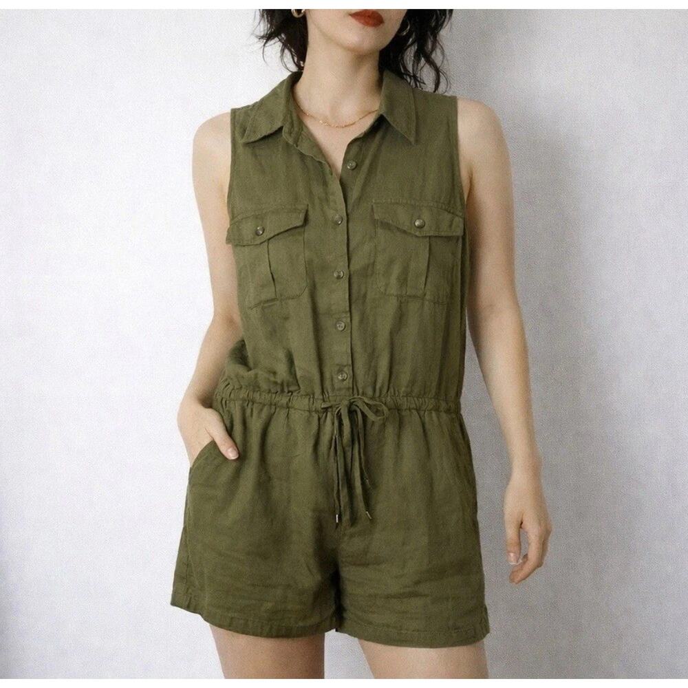 Lauren Ralph Lauren Olive Utility Linen Blend Romper Size 2 Minimalist Casual